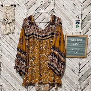 Boho floral patterned blouse in mustard